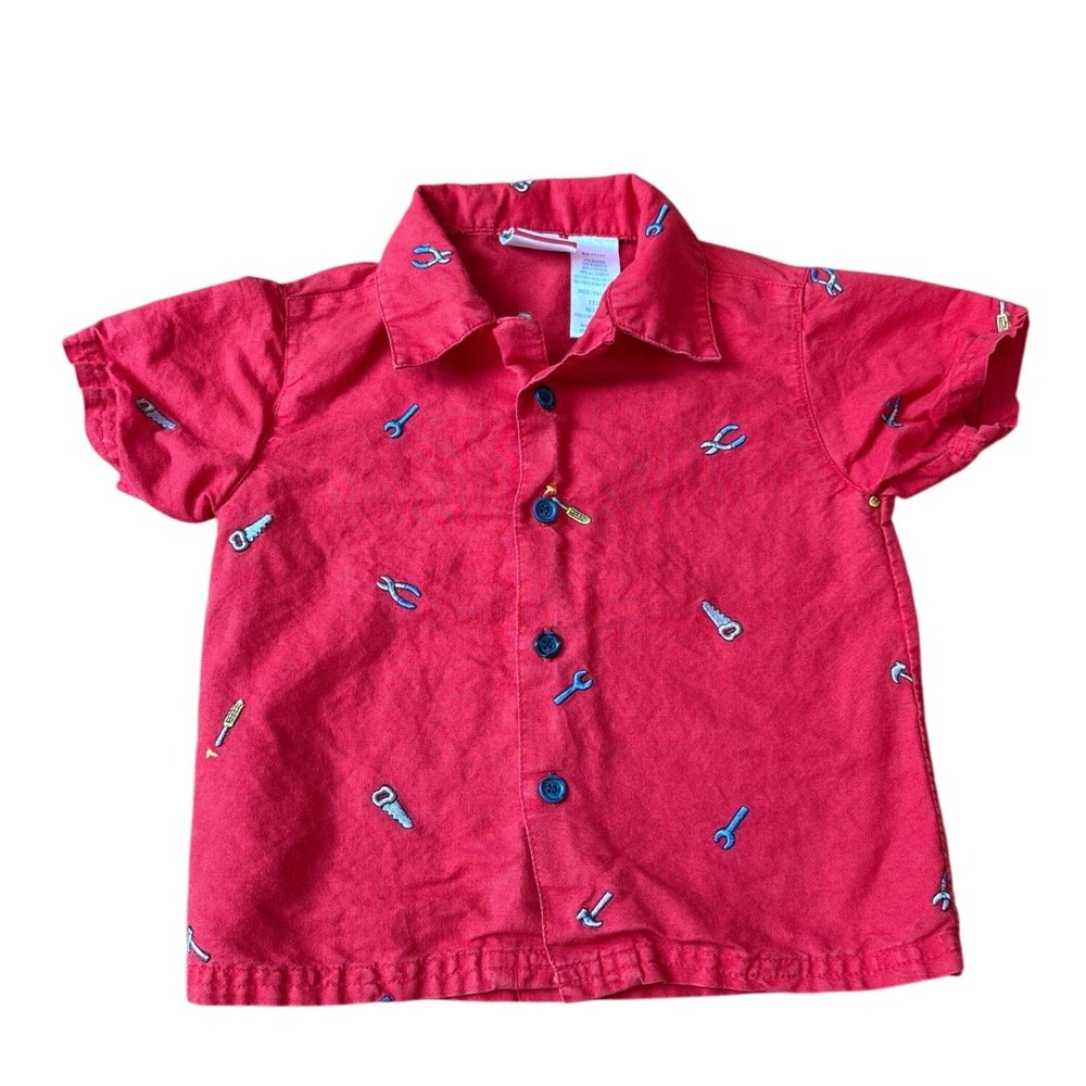 Baby Togs Button Down Shirt Kids Red Tool Embroidered Short Sleeve‎ SIZE 2T